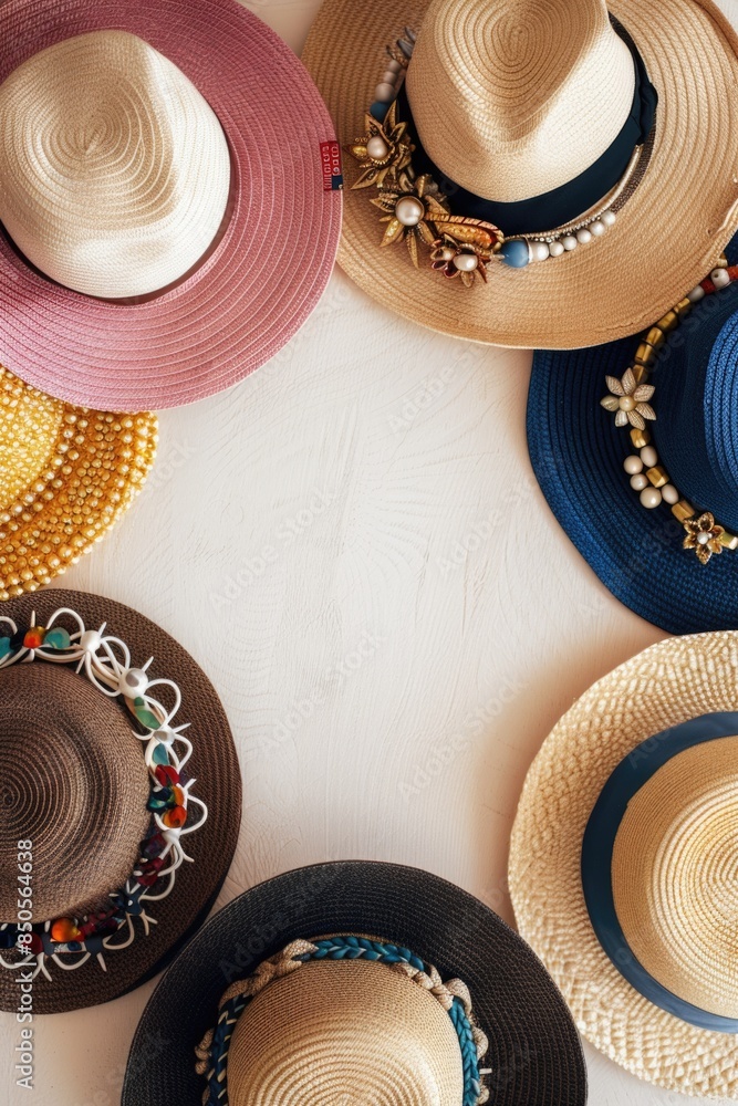Poster a collection of hats placed neatly on a white table