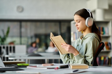 A teenage girl engrossed in a library book while wearing headphones, immersing herself in the...