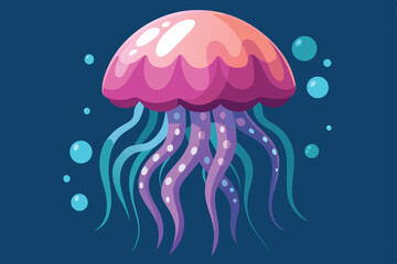 A colorful, semi-flat illustration of a jellyfish with blue bubbles in the background, Jellyfish Customizable Semi Flat Illustration