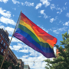 Flags in the colors of the CSD flag (Christopher Street Day) stretched across a street in a city during a parade