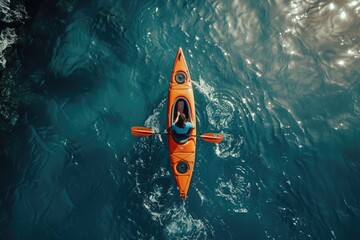 A person paddling a kayak in calm waters, suitable for outdoor recreation or adventure photography
