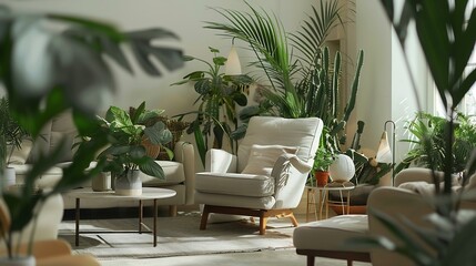 Fototapeta premium Modern scandinavian interior of living room with design grey sofa armchair a lot of plants coffee table carpet and personal accessories in cozy home decor Template : Generative AI