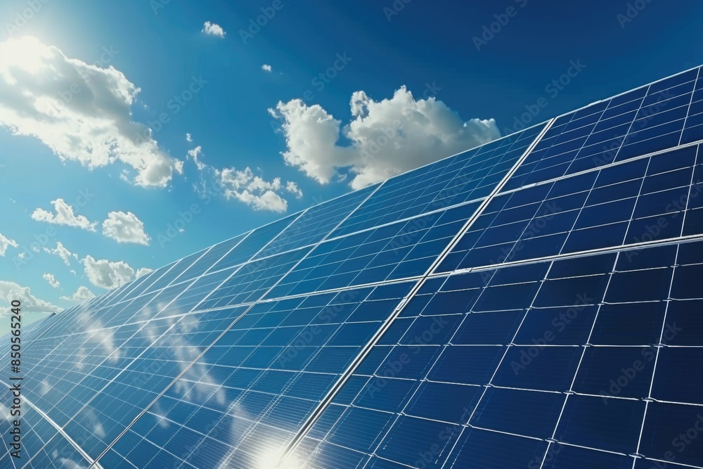 Poster a single solar panel installed outside with a clear blue sky in the background, suitable for use in 