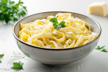A photo of a bowl of pasta with melted cheese and fresh parsley