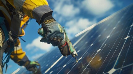 A person wearing a yellow jacket works on a solar panel installation