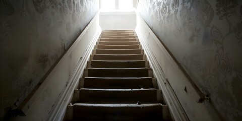 Obraz premium Creepy old staircase leading to dim basement with flickering light and peeling wallpaper. Concept Spooky Atmosphere, Haunted House, Halloween Theme, Horror Photography, Dark Interior