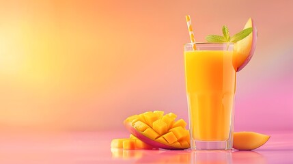 Sliced mango in glass of mango juice on gradient background