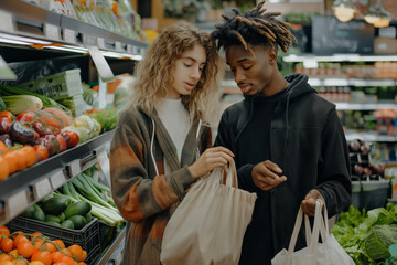 A man and a woman are browsing the variety of fresh vegetables in a grocery store, looking for the best products to buy and using cloth bags