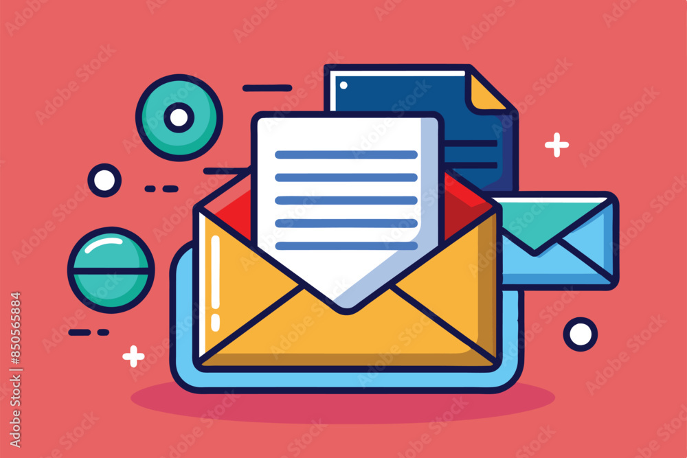Poster a cartoon illustration of an open envelope with a letter inside and a smaller envelope on the side, 