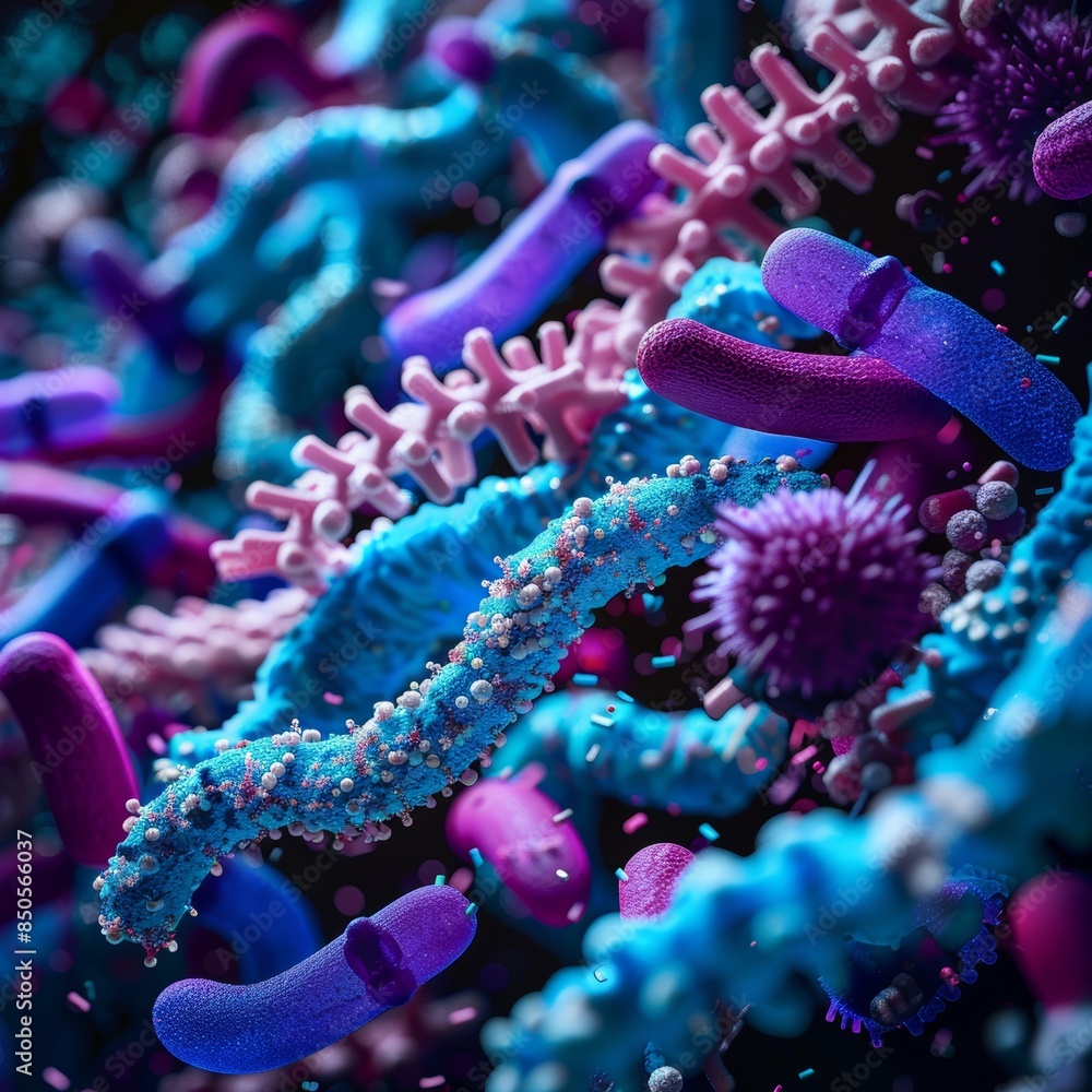 Poster close up of bacteria and virus cells in laboratory setting with bright blurred background