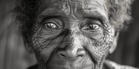 A close-up of an elderly woman's face showing deep wrinkles and age-related skin texture