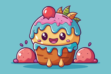 Fototapeta premium A cute, cartoon illustration of a melted ice cream cone with a cherry on top and a happy face, Melted ice cream Customizable Cartoon Illustration