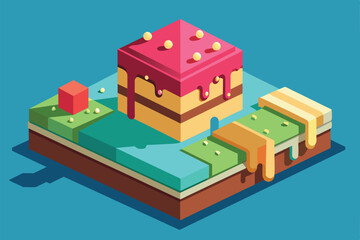 A colorful, isometric illustration of a melted ice cream dessert with sprinkles and dripping sauce, Melted ice cream Customizable Isometric Illustration