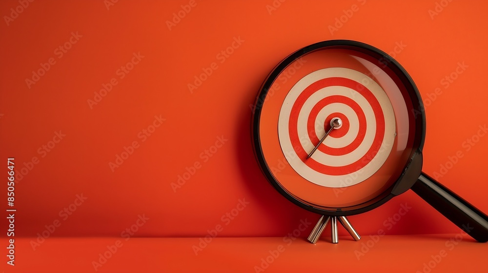 Aufkleber Target board inside vintage magnifying glass for focus business objective on orange background and copy space Search goal strategy success successful marketing strategy goals : Generative AI