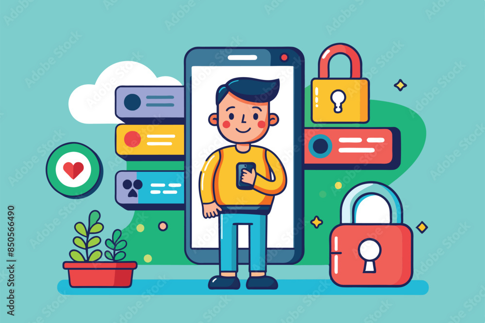 Poster man in smartphone with padlock symbolizes mobile encryption, mobile encryption customizable cartoon 