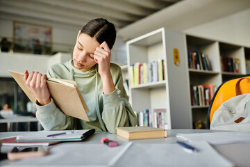 A sophisticated woman delves into a captivating book in the tranquil ambiance of a library.