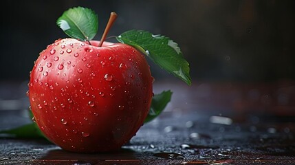 A shiny red apple with water droplets on it