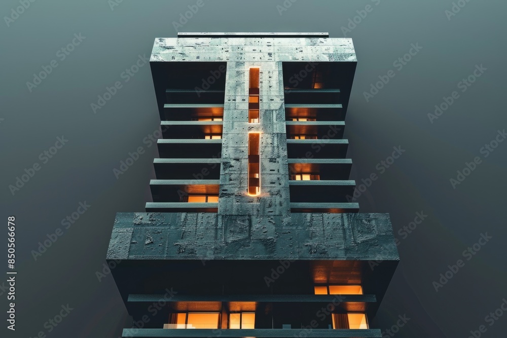Poster A cityscape image of a tall building with windows illuminated at night