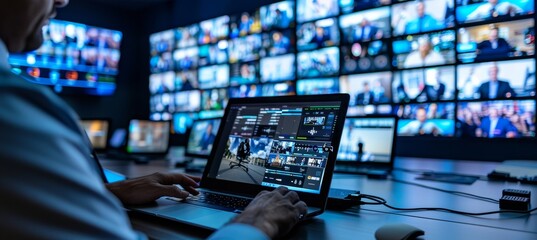 Fototapeta premium Hand on laptop showing live city stream seamless blend of technology and entertainment