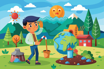 A cartoon illustration depicting a boy planting a small tree in a pot, with a sad-looking Earth globe behind him, Natural resource depletion Customizable Cartoon Illustration