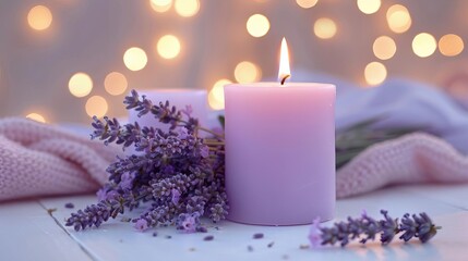 two lavender colored candles with lavender flowers on white table, bokeh lights and cloth in background, closeup