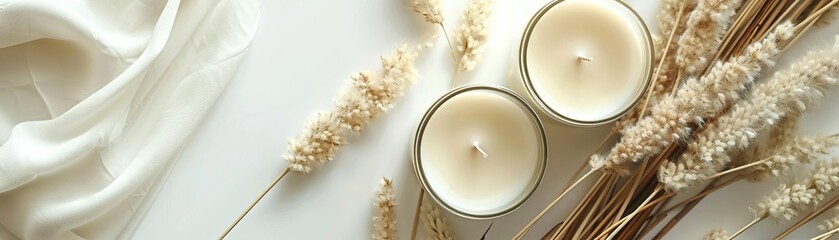 Two scented candles with pampas grass on a white background, in a top view Minimalistic