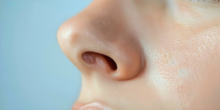 Closeup photo of a human nose showing nostrils bridge and nasal hairs. Concept Close-up photography, Human anatomy, Facial features, Nasal details, Macro photography