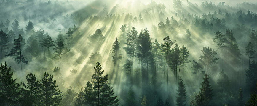 Fototapeta Misty forest landscape with pine trees and fog in the air, panoramic view   