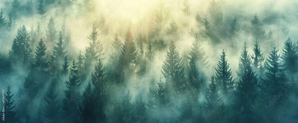 Poster misty forest landscape with pine trees and fog in the air, panoramic view