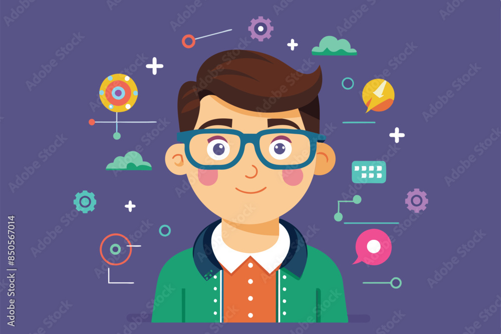 Poster an illustration of a smiling nerd boy with glasses surrounded by technology icons, nerd customizable