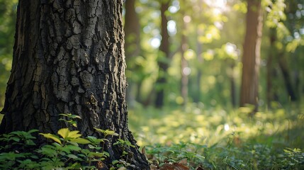 Big trunk of a tree with background of forest