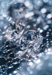 A close-up shot of a diamond surrounded by tiny water droplets