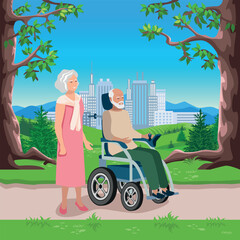 Happy elderly couple with electric wheelchair walking in the park. Rehabilitation and adaptation of people with disabilities. Vector illustration.