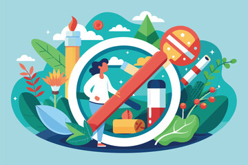 Naklejka premium A colorful illustration of a person crossing out a cigarette with a large red pencil, surrounded by nature imagery, No tobacco day Customizable Disproportionate Illustration