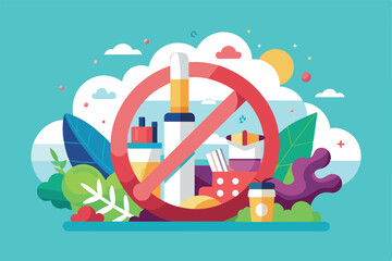 Naklejka premium Flat illustration: red no smoking sign on beach, crossed out. Tobacco products visible behind, No tobacco day Customizable Flat Illustration