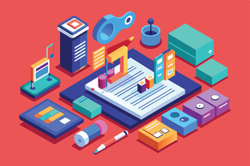 Obraz premium Isometric illustration of a sheet of paper with notes, charts, and other office supplies, against a red background, Notes Customizable Isometric Illustration