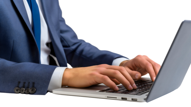 Businessman typing on a laptop notebook computer isolated on transparent background. Using technology, working online, corporate employee workplace
