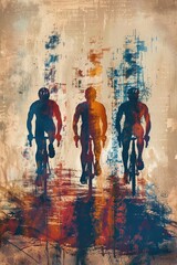 Obraz premium Three individuals on bicycles, urban setting, casual ride