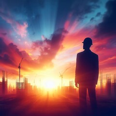 Fototapeta premium silhouette of an architect into the sunset, c4d, dreamy and optimistic, vibrant sky