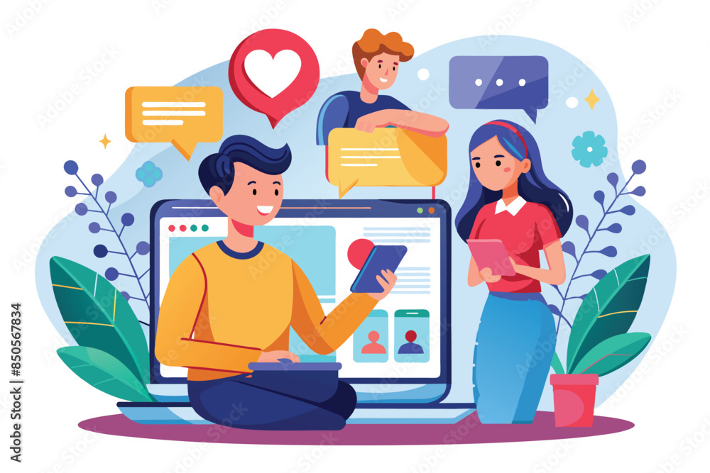 Poster illustration of a man using a laptop computer to search for dates online, online dating customizable