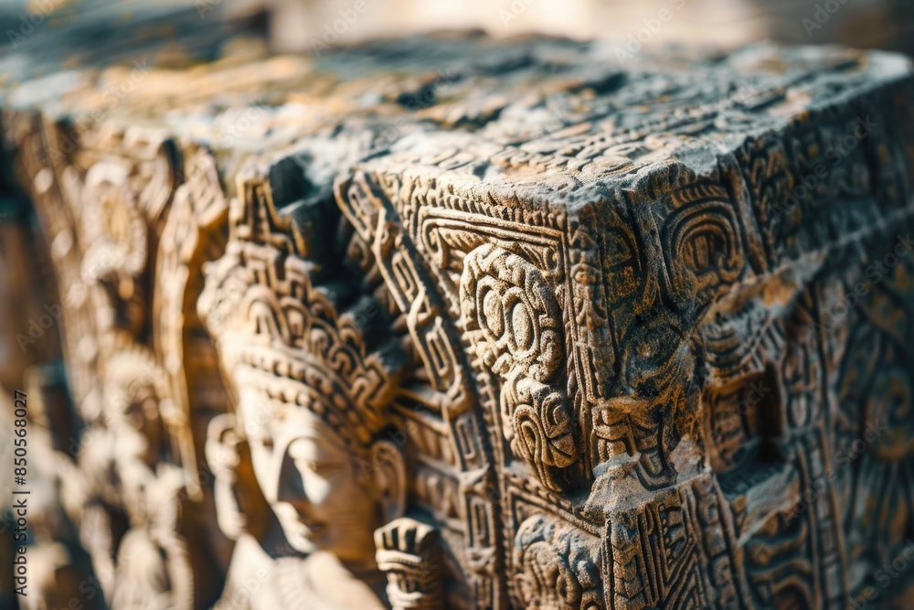 Poster a detailed view of a stone sculpture featuring intricate carvings and patterns