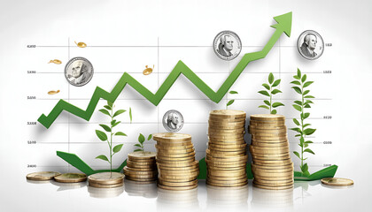 a financial chart with upward-trending lines, overlaid with icons of coins, dollar bills, and small green leaves, set against a clean, white background for a modern,