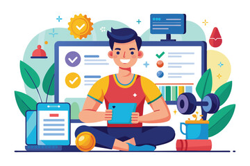 An illustration showing a man sitting in front of a computer screen with a customized fitness plan displayed, Online personal trainer Customizable Flat Illustration