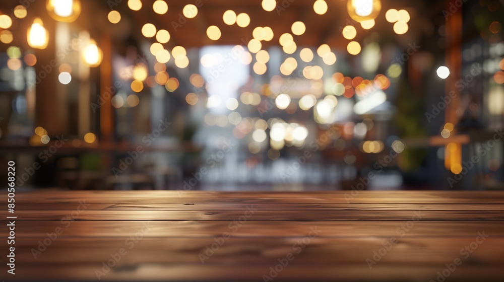 Aufkleber empty wooden table space platform and blurred cafe or restaurant background for product display mont