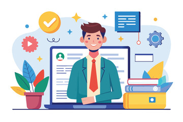 A semi-flat illustration of a man in a suit standing in front of an online resume on a laptop screen, Online resume Customizable Semi Flat Illustration