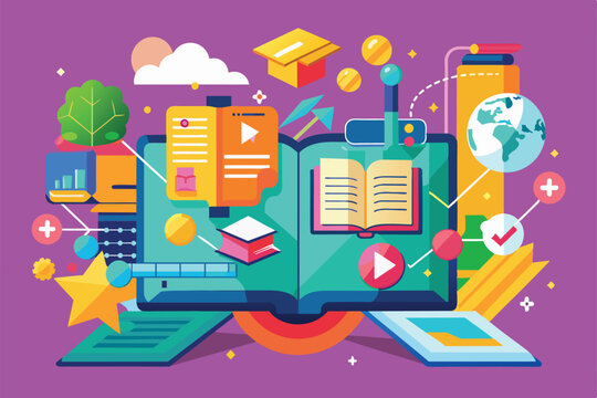 A colorful illustration of an open book with various learning resources like a graduation cap, a globe, and a video player, Opened Customizable Disproportionate Illustration