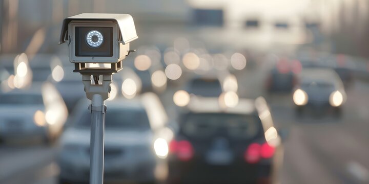 Highway cameras monitor speeding violations and control traffic with speed radars. Concept Traffic Monitoring, Speed Enforcement, Highway Cameras, Traffic Control, Speed Radar