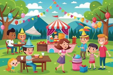 Obraz premium A cartoon illustration depicts children having fun at an outdoor party with a tent, picnic table, and balloons, Outdoor party Customizable Cartoon Illustration