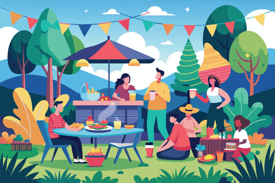 Flat illustration of a group of friends enjoying a summer outdoor party, complete with food, drinks, and festive decorations, Outdoor party Customizable Flat Illustration