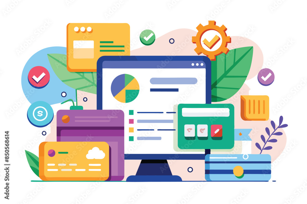 Poster image of desktop computer with secure checkout, customizable payment section, payment information cu